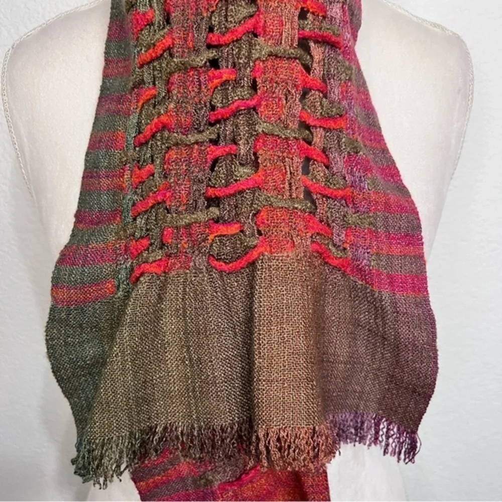 Weaved & Braided Multi Colored Raw Silk Scarf with Fringe Unisex
